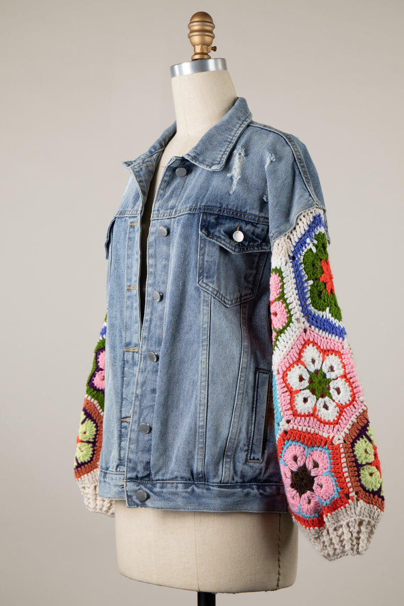 CROCHET SLEEVE DENIM JACKET - BEIGE MULTI