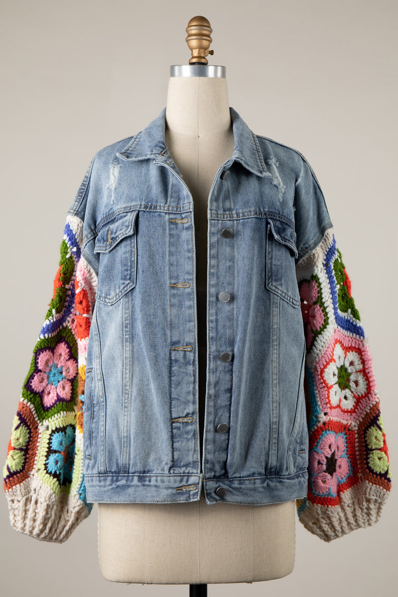 CROCHET SLEEVE DENIM JACKET - BEIGE MULTI