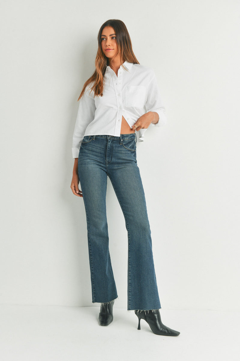 HIGH RISE SCISSOR CUT FLARE JEANS - DARK DENIM