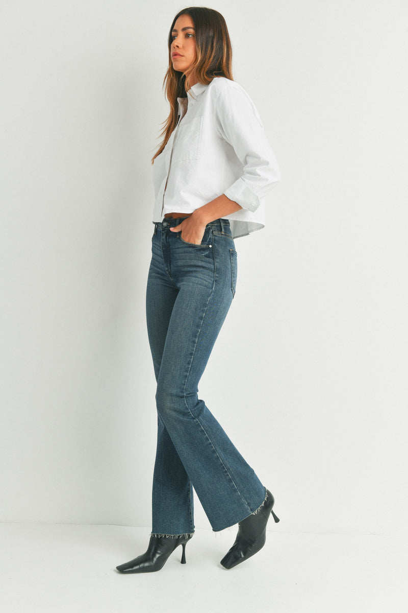 HIGH RISE SCISSOR CUT FLARE JEANS - DARK DENIM