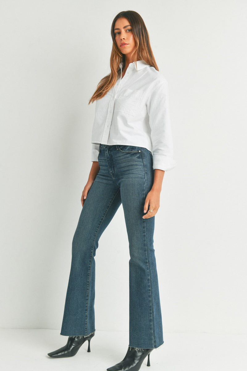 HIGH RISE SCISSOR CUT FLARE JEANS - DARK DENIM