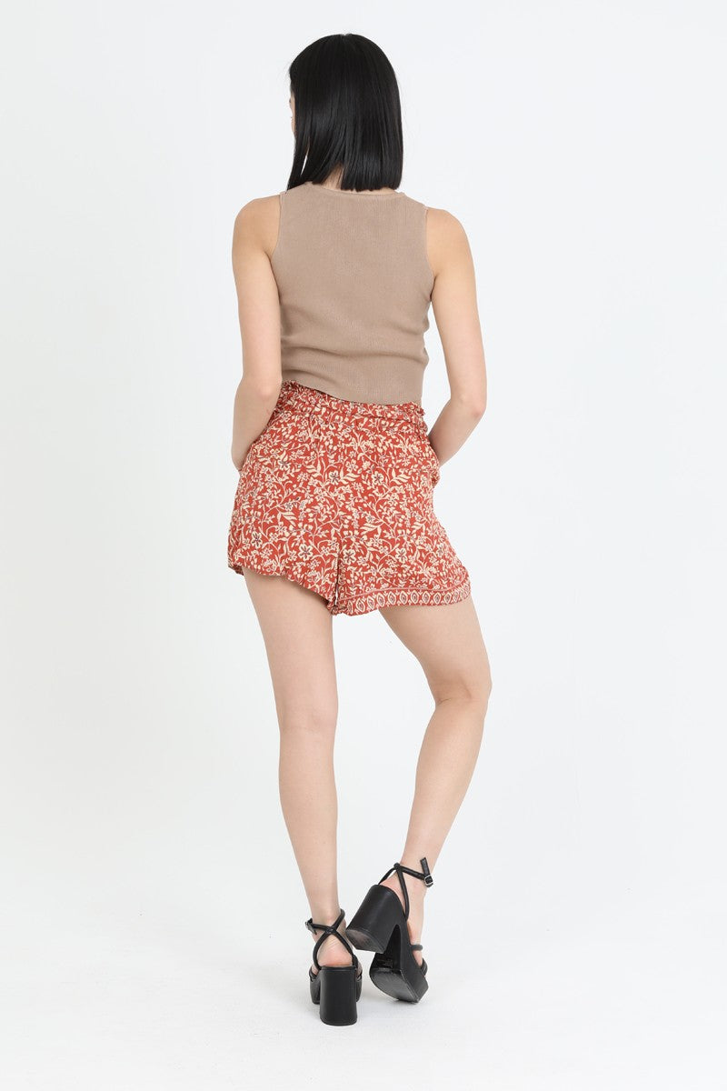 TIE WAIST PRINTED SHORTS - CLAY