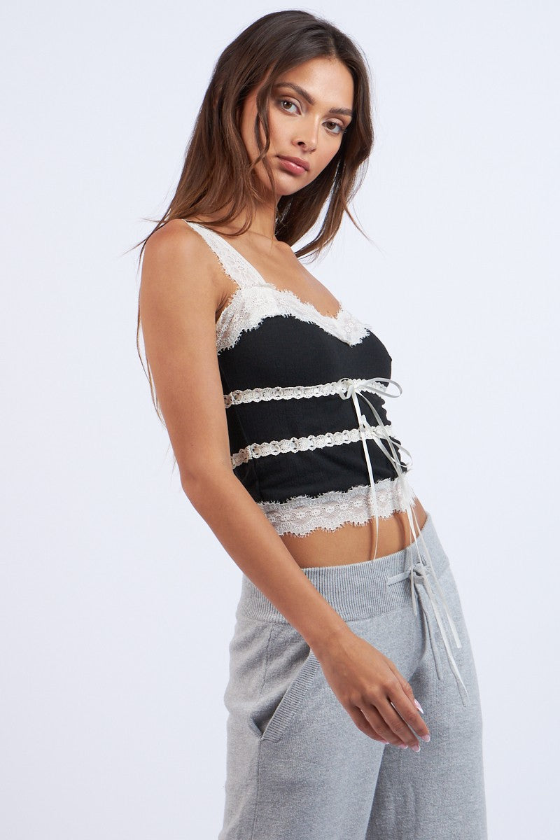 DOUBLE TIE LACE CAMI TOP - BLACK