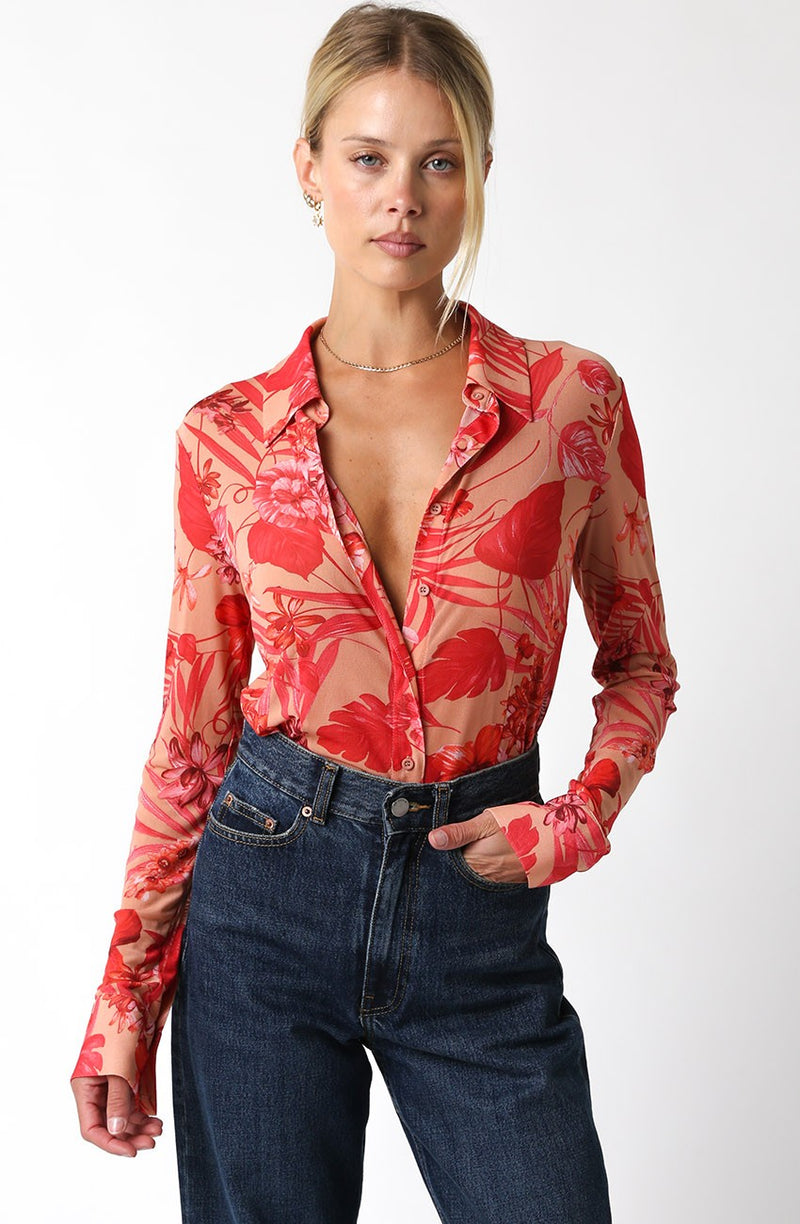 TROPICAL PRINT MESH BODYSUIT - NUDE/RED