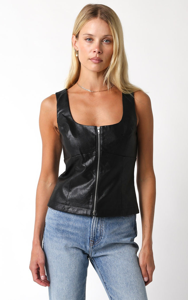 FAUX LEATHER ZIP UP TANK TOP - BLACK