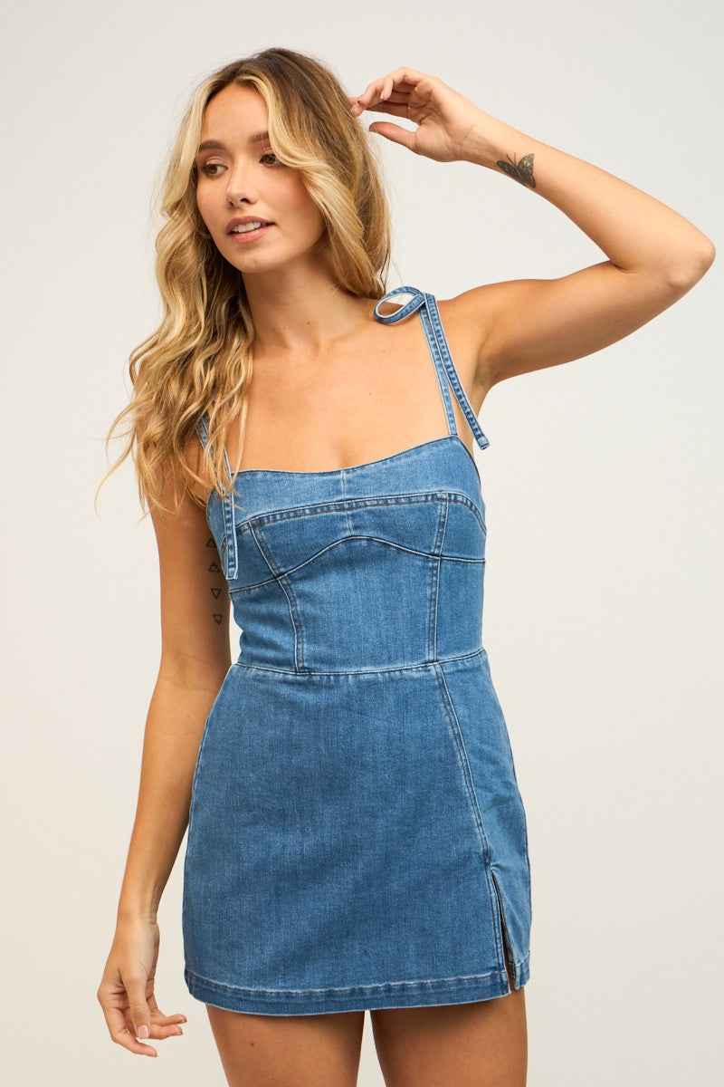 TIE STRAP DENIM MINI DRESS - MED WASH