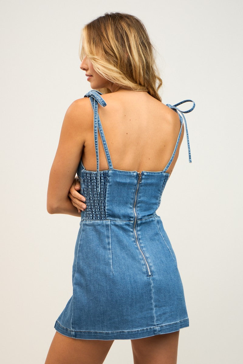 TIE STRAP DENIM MINI DRESS - MED WASH