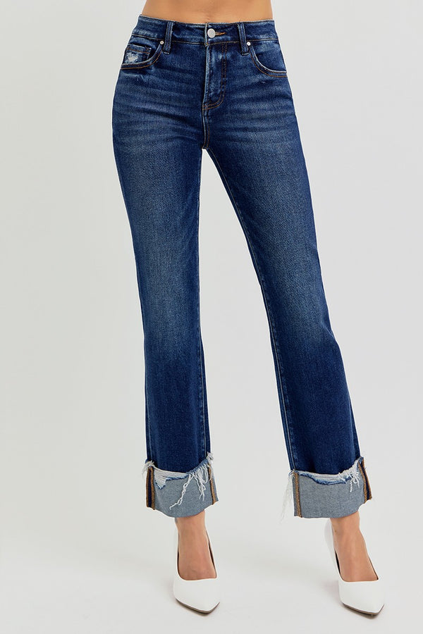 HIGH RISE CROP STRAIGHT CUFFED JEANS - DARK