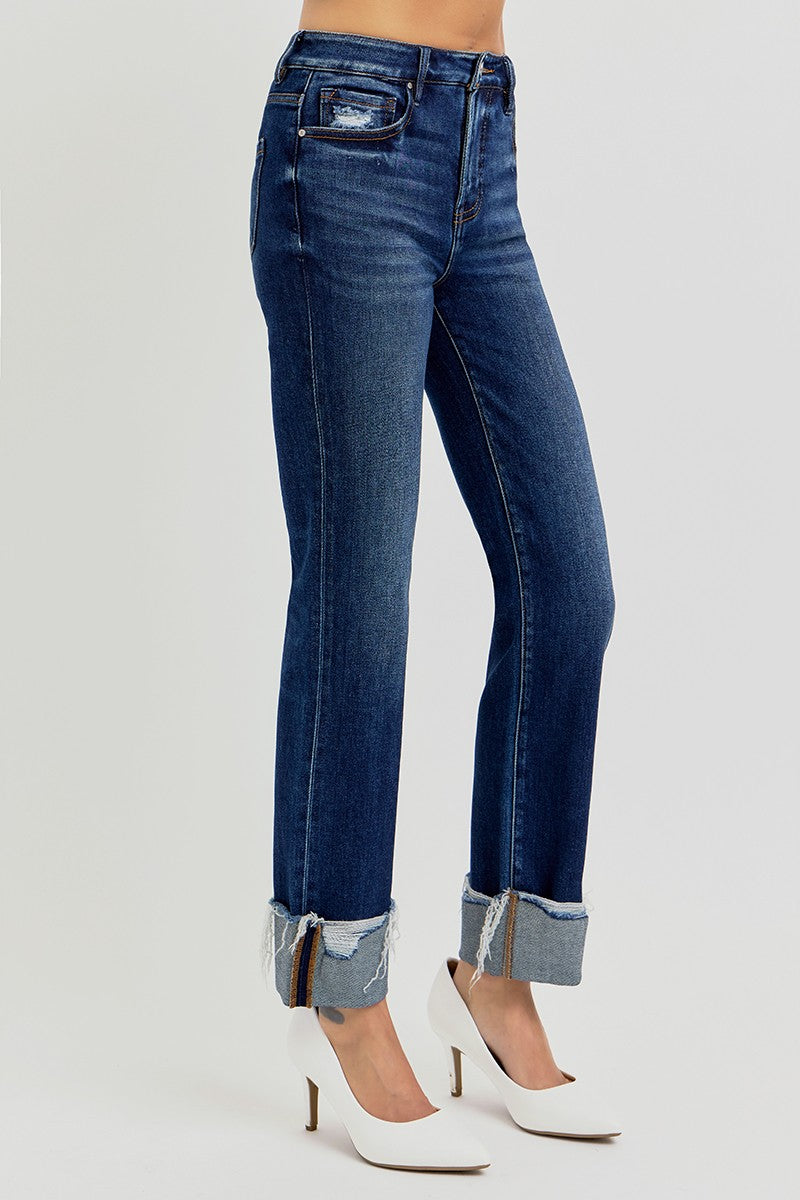 HIGH RISE CROP STRAIGHT CUFFED JEANS - DARK