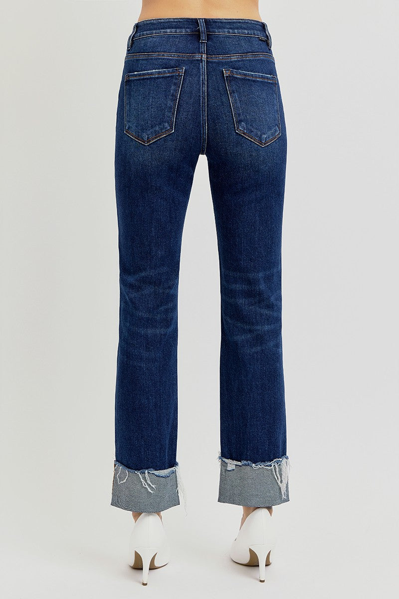 HIGH RISE CROP STRAIGHT CUFFED JEANS - DARK