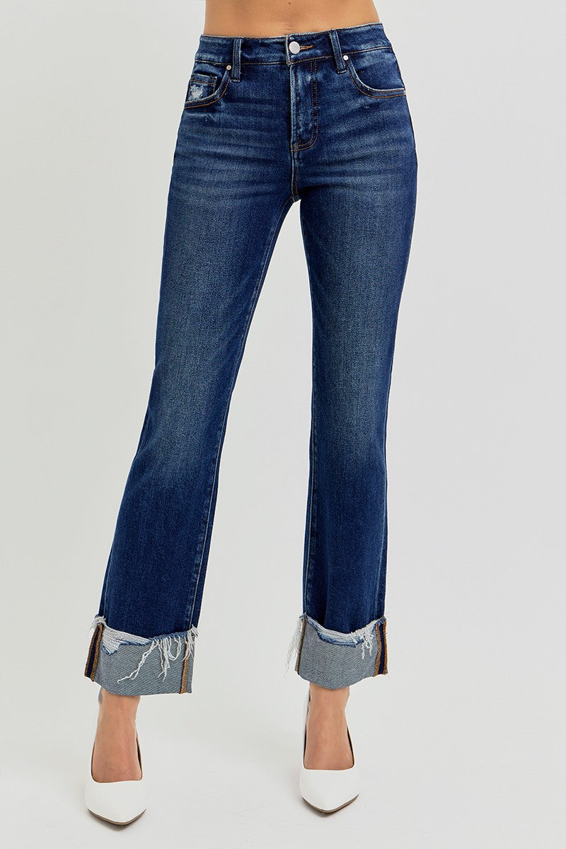 HIGH RISE CROP STRAIGHT CUFFED JEANS - DARK