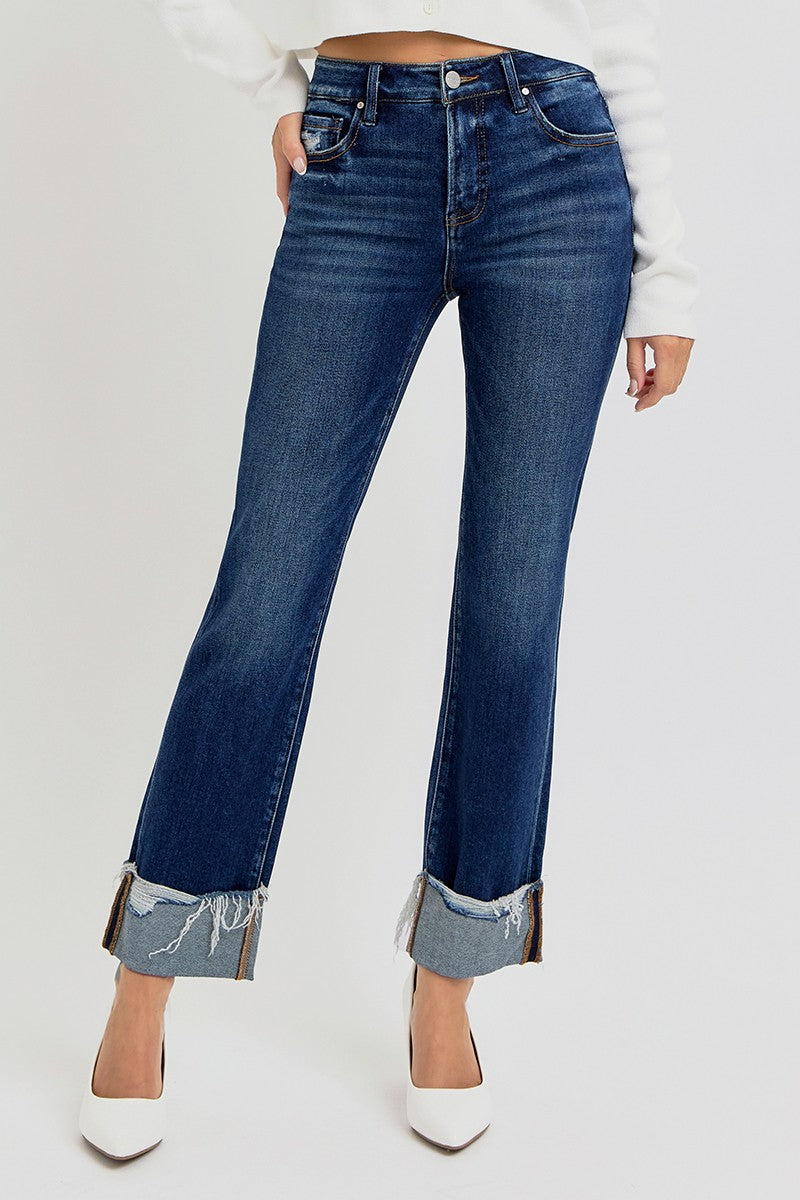 HIGH RISE CROP STRAIGHT CUFFED JEANS - DARK