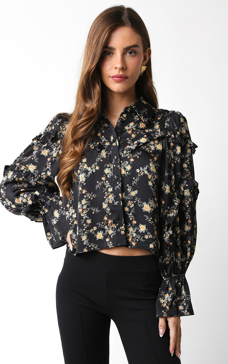 EMMA RUFFLE BLOUSE - BLACK/MARIGOLD