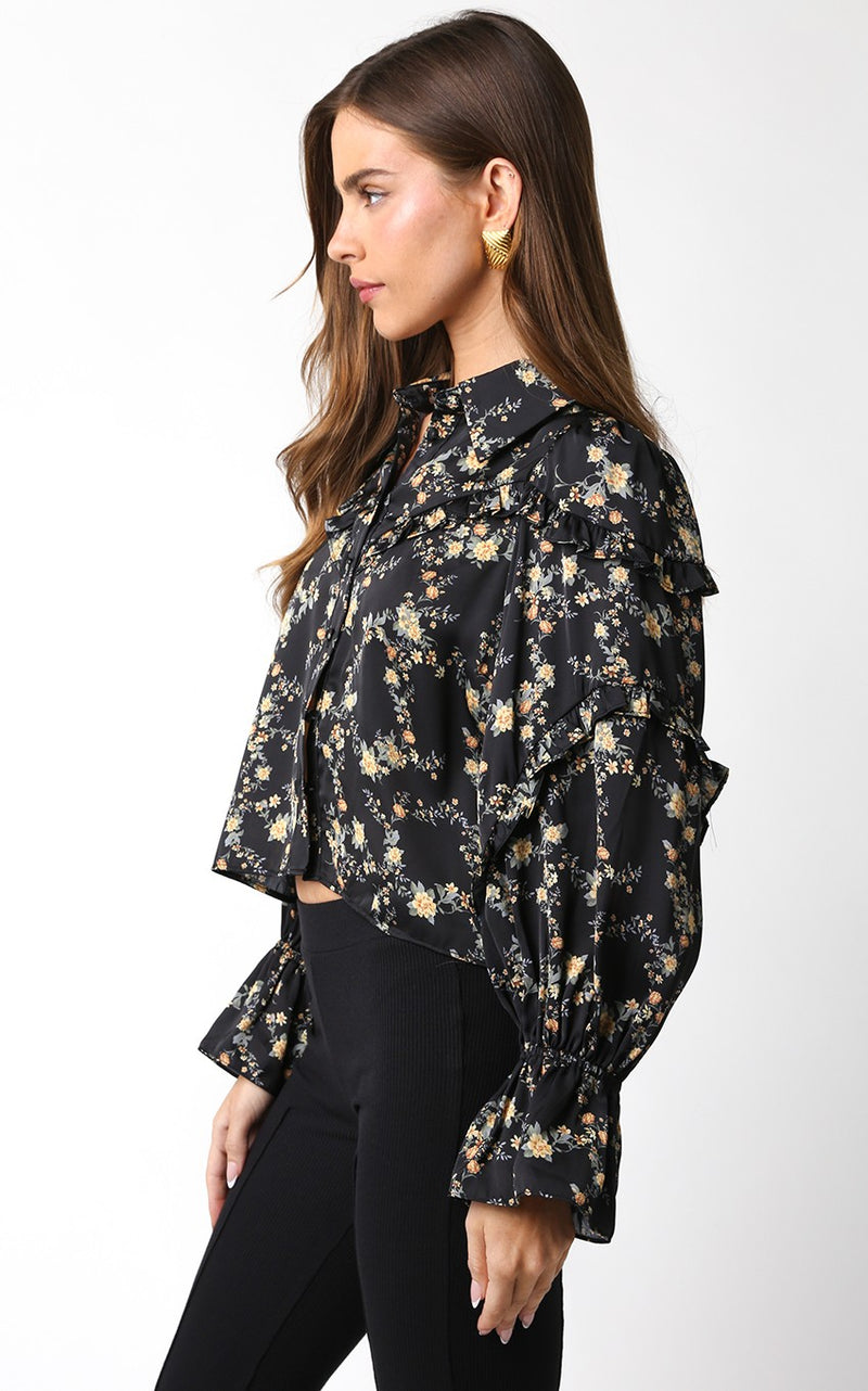 EMMA RUFFLE BLOUSE - BLACK/MARIGOLD