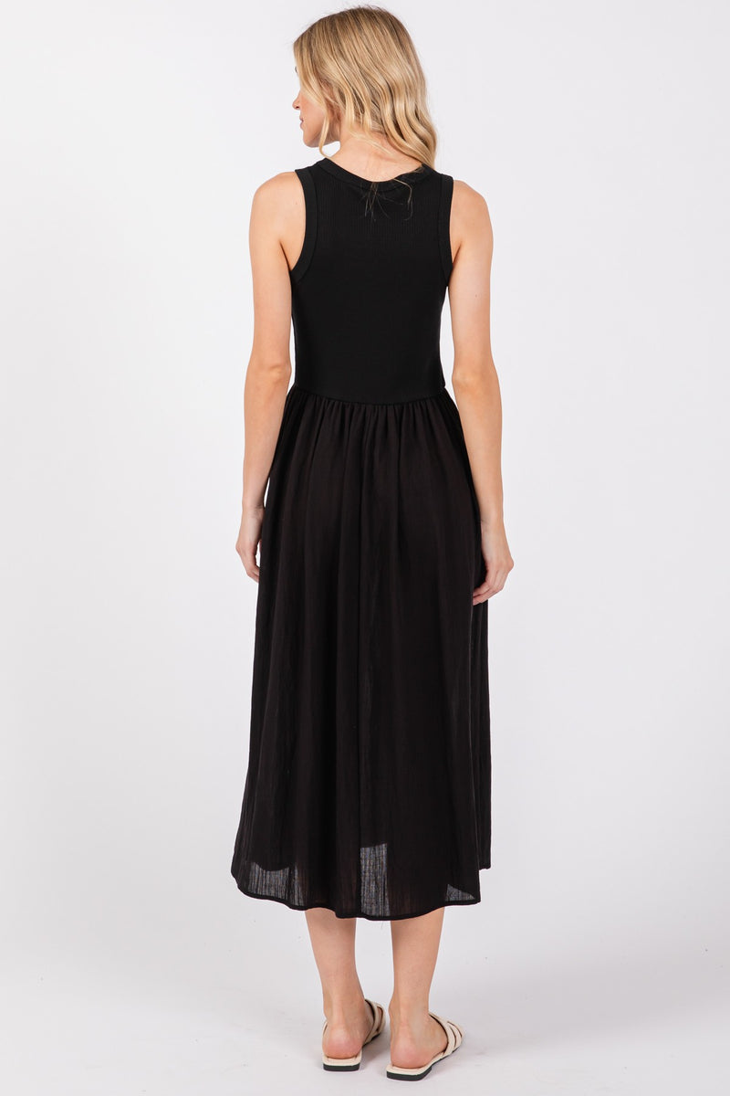 MIXED MEDIA MIDI DRESS - BLACK