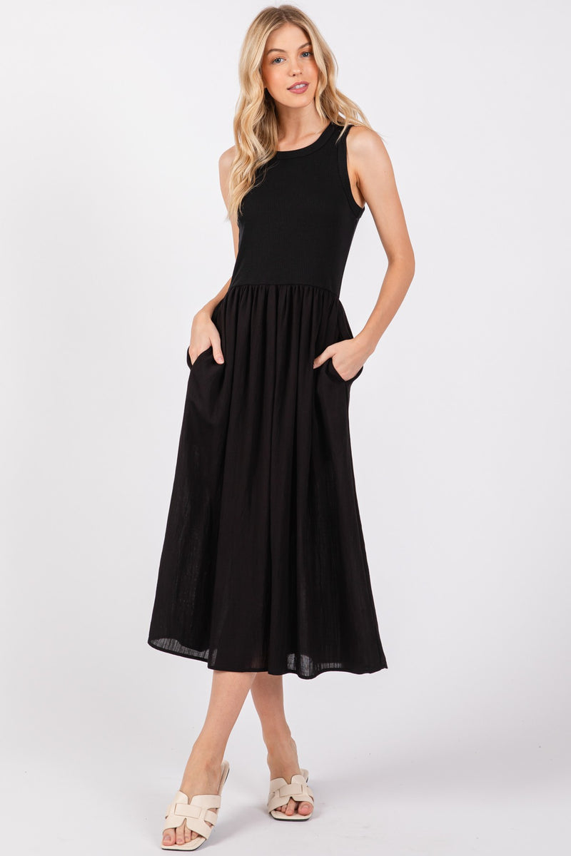 MIXED MEDIA MIDI DRESS - BLACK