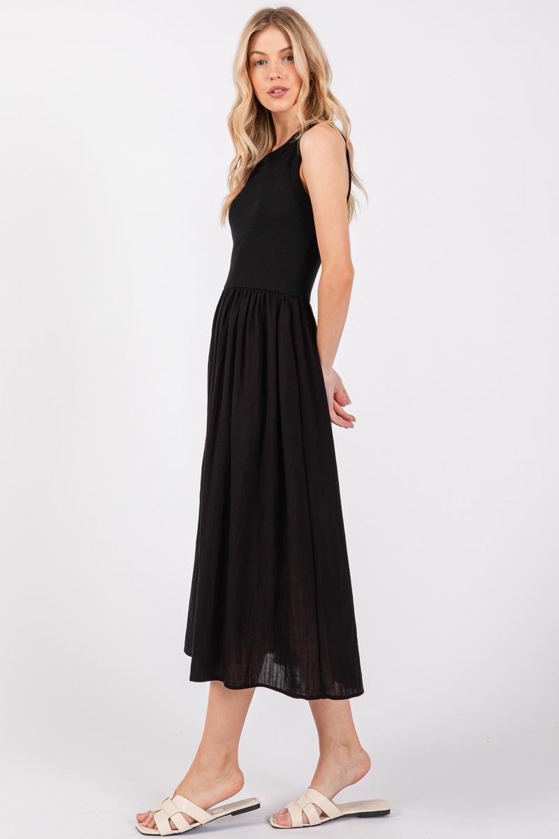 MIXED MEDIA MIDI DRESS - BLACK