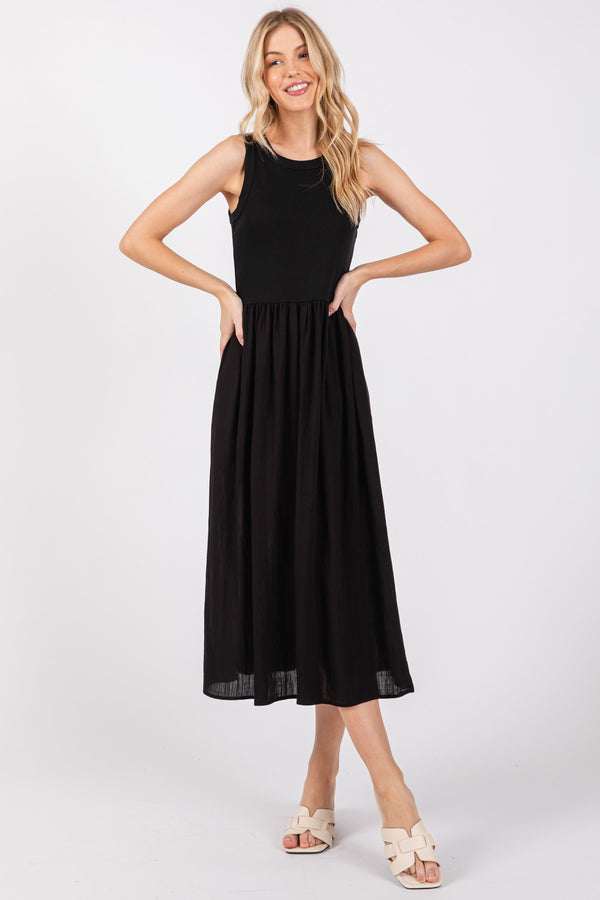 MIXED MEDIA MIDI DRESS - BLACK