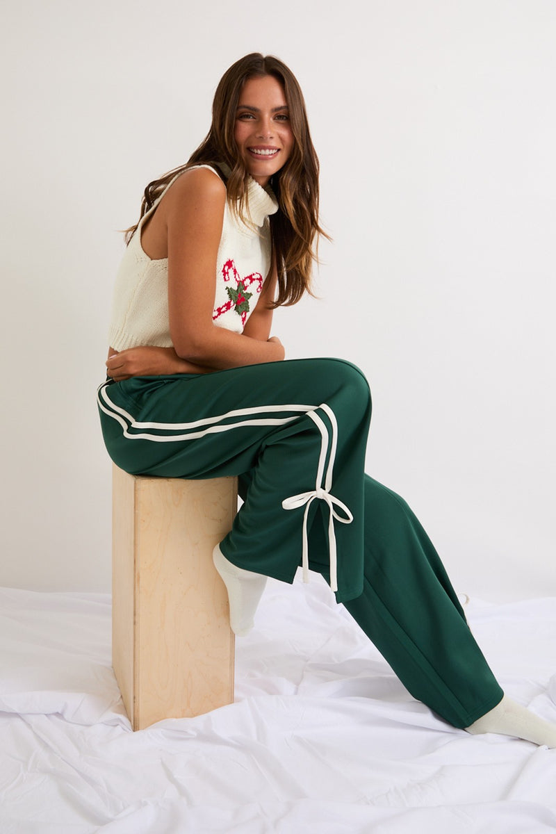 BOW DETAIL TRACK PANTS - GREEN/WHITE