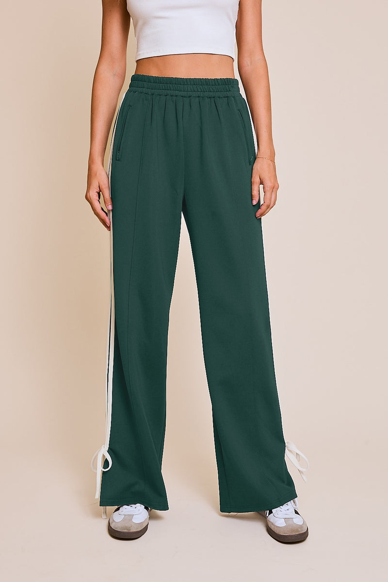 BOW DETAIL TRACK PANTS - GREEN/WHITE