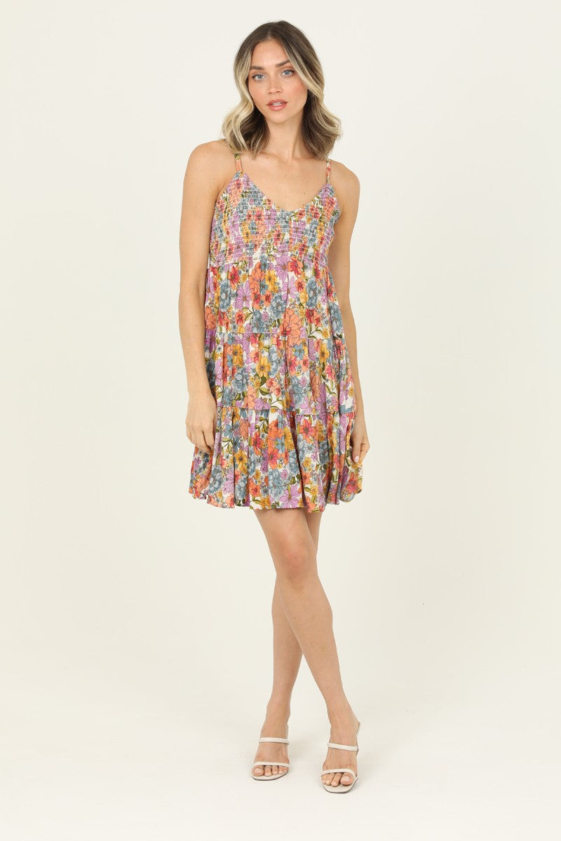 V-NECK SMOCKED BODICE SUNDRESS - FLORAL