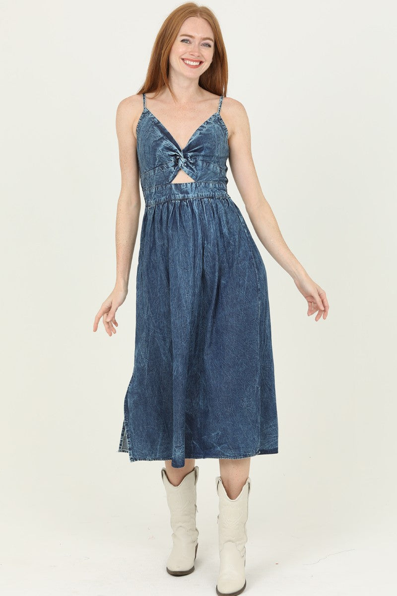 DENIM TWIST FRONT CUT OUT MIDI DRESS - DARK