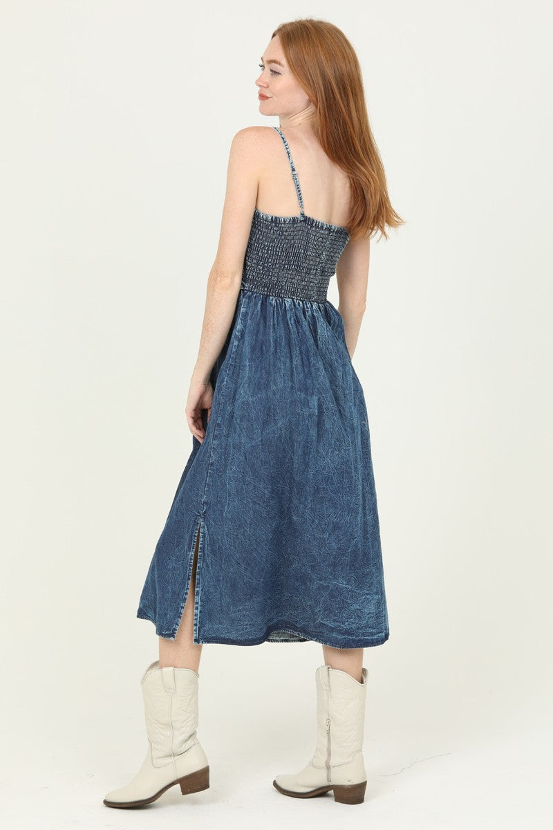 DENIM TWIST FRONT CUT OUT MIDI DRESS - DARK