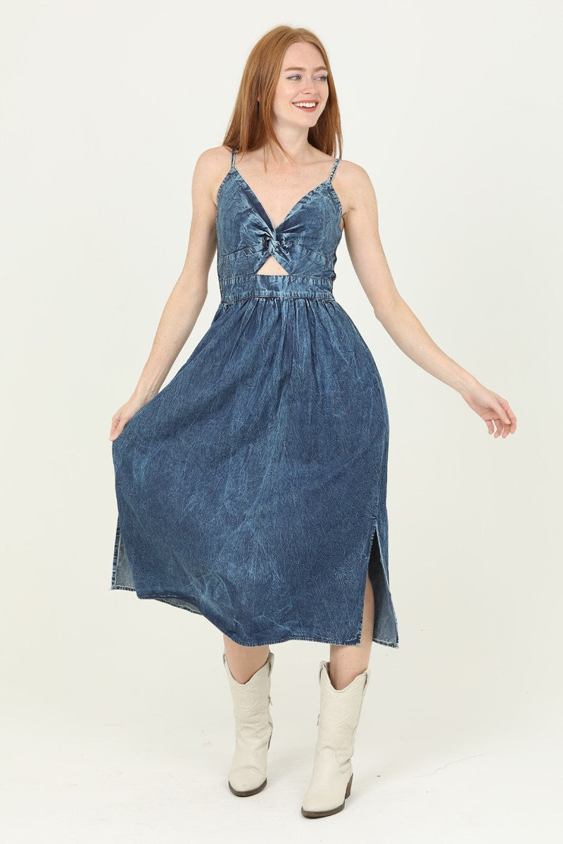 DENIM TWIST FRONT CUT OUT MIDI DRESS - DARK