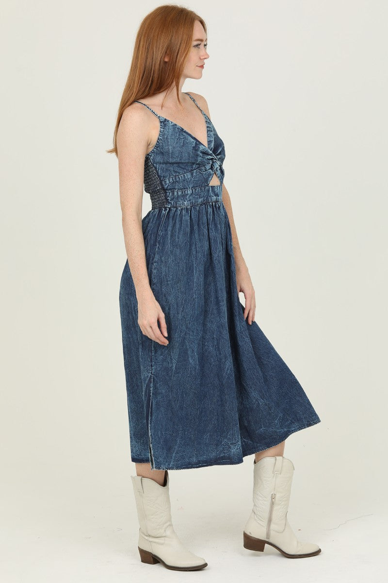 DENIM TWIST FRONT CUT OUT MIDI DRESS - DARK