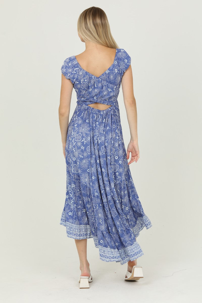 CROSS BACK MAXI DRESS - BLUE/WHITE