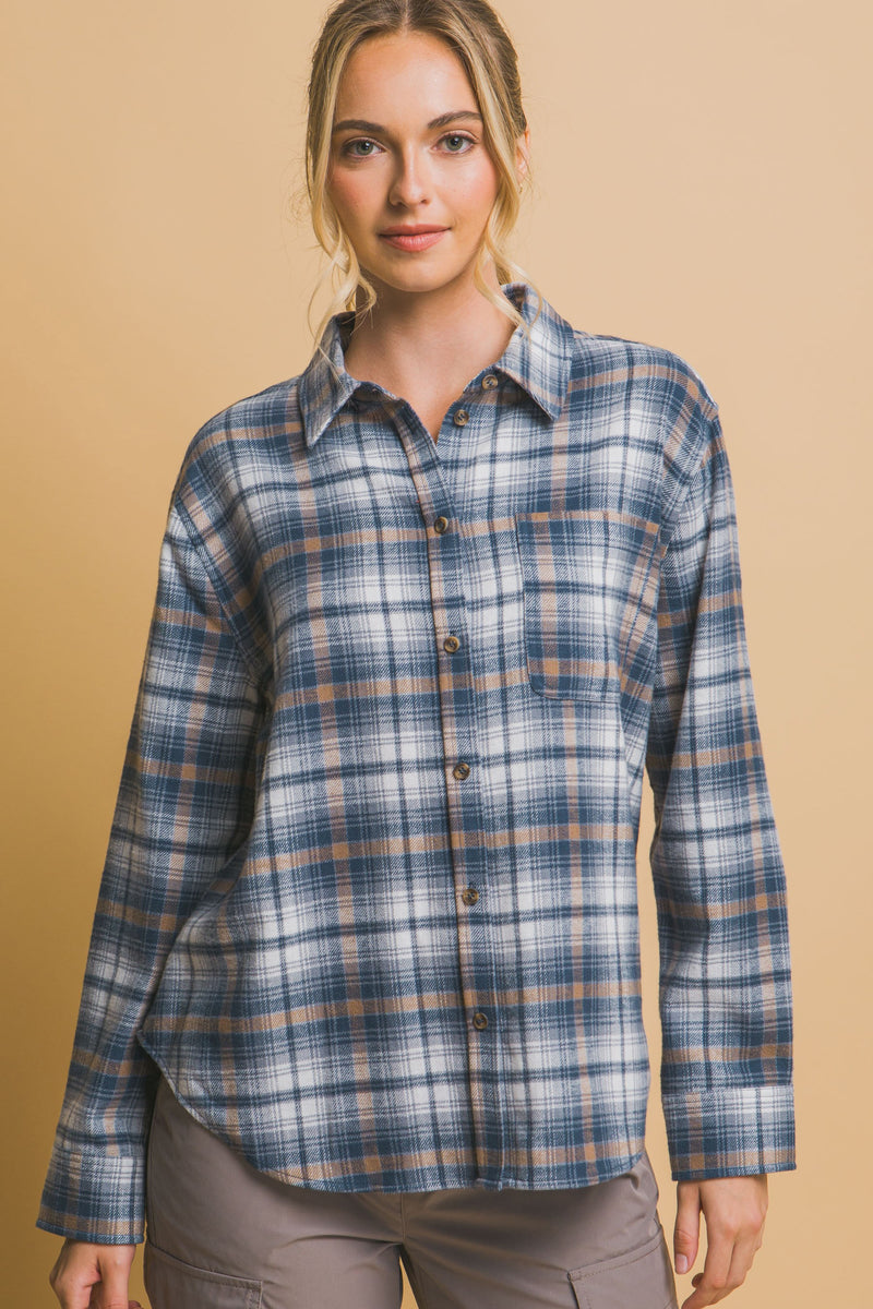 PLAID BUTTON DOWN SHIRT - TEAL BLUE