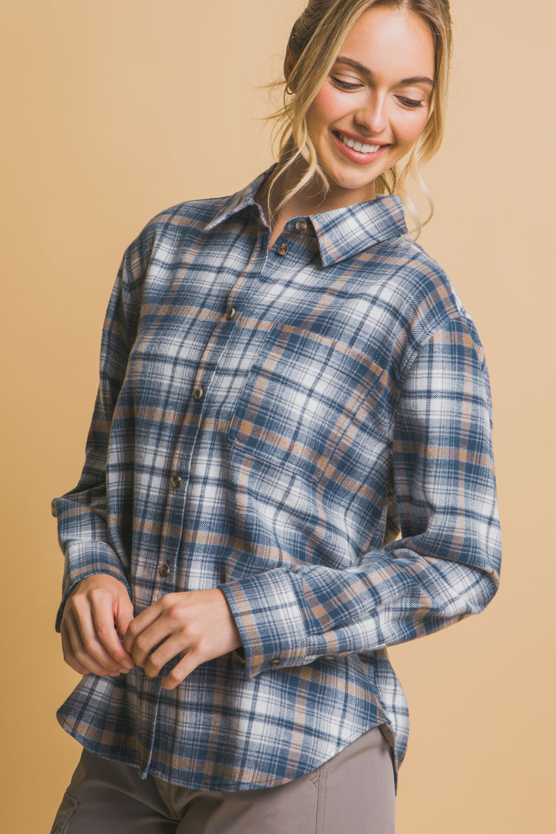 PLAID BUTTON DOWN SHIRT - TEAL BLUE