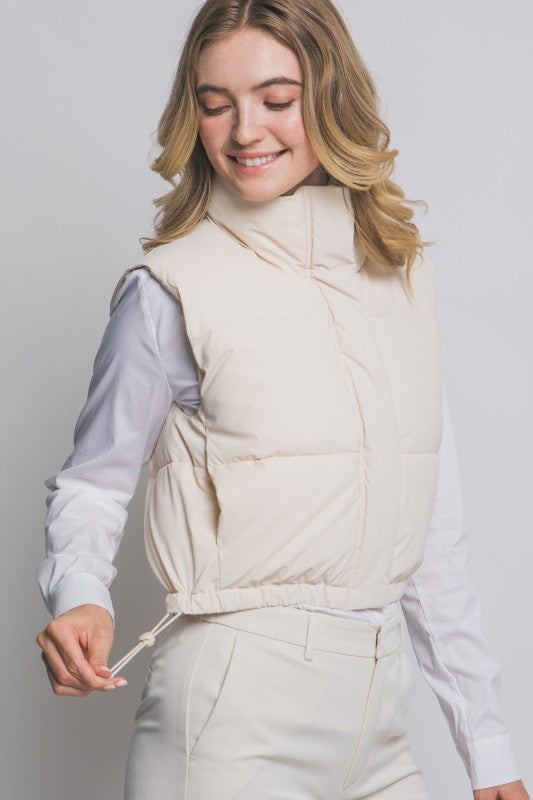 HI NECK CROPPED PUFFER VEST - IVORY