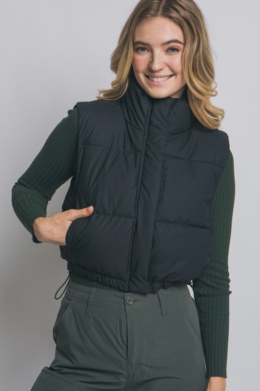 HI NECK CROPPED PUFFER VEST - BLACK