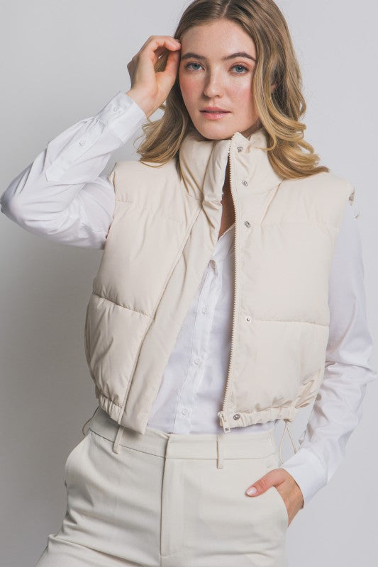 HI NECK CROPPED PUFFER VEST - IVORY