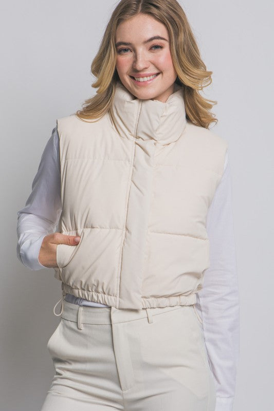 HI NECK CROPPED PUFFER VEST - IVORY