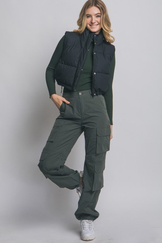 HI NECK CROPPED PUFFER VEST - BLACK