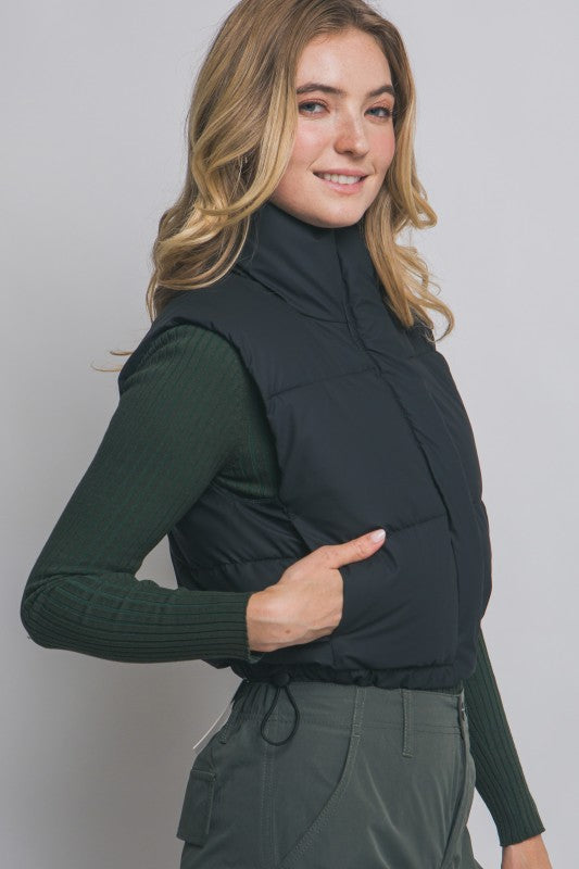 HI NECK CROPPED PUFFER VEST - BLACK