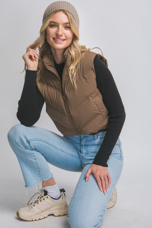 CROPPED PUFFER VEST - CHOCOLATE