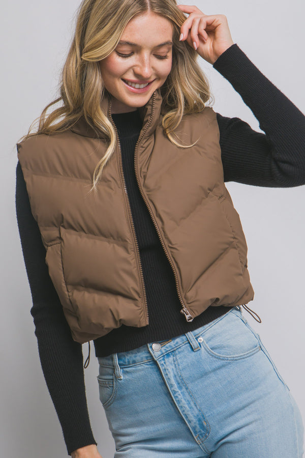 CROPPED PUFFER VEST - CHOCOLATE