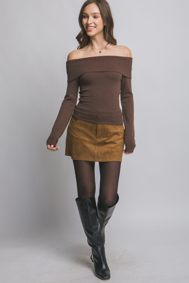 KNIT FITTED OFF SHOULDER TOP - MOCHA