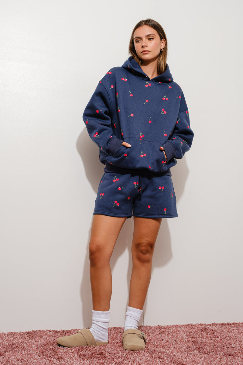 OVERSIZED CHERRY HOODIE SWEATSHIRT - NAVY