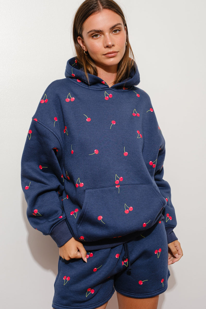 OVERSIZED CHERRY HOODIE SWEATSHIRT - NAVY