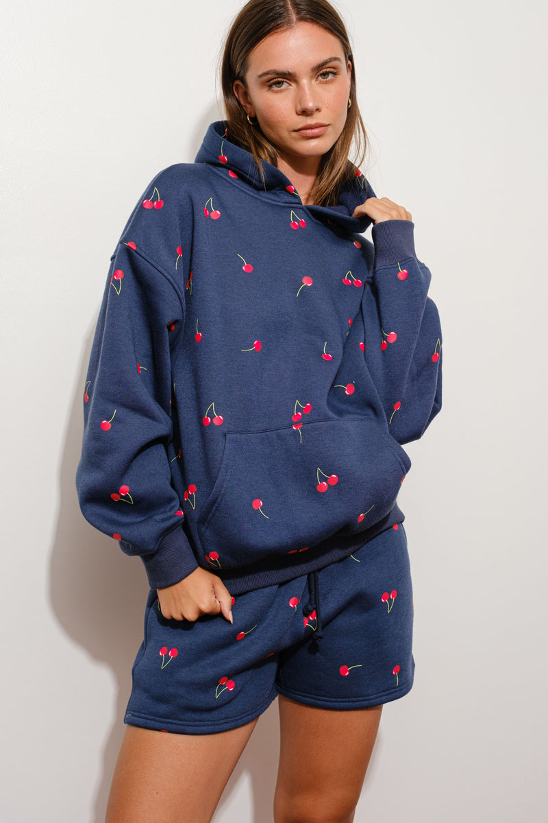 OVERSIZED CHERRY HOODIE SWEATSHIRT - NAVY