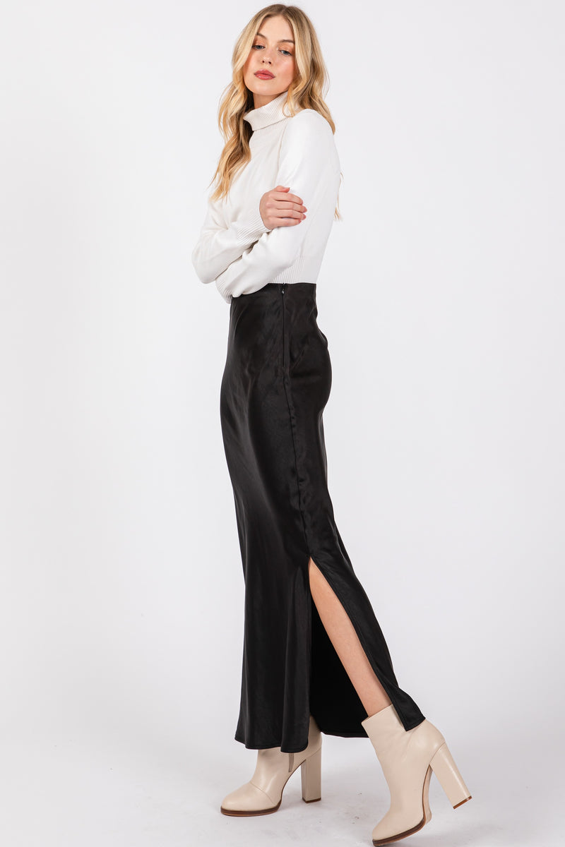 SIDE SLIT SATIN MAXI SKIRT - BLACK