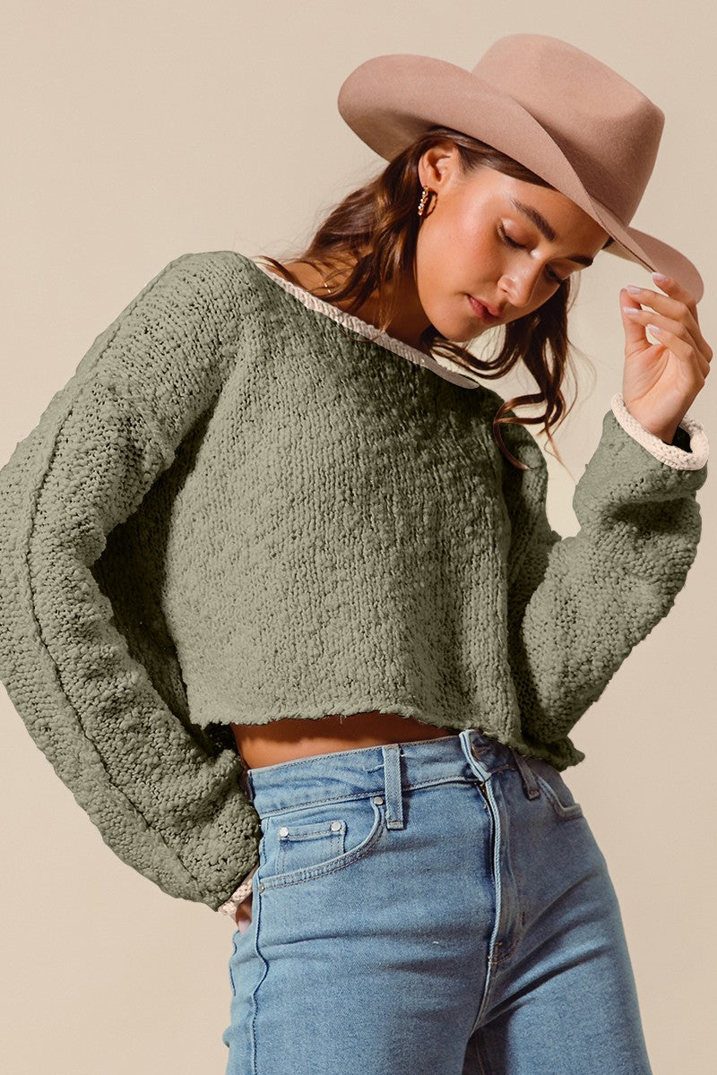 CONTRAST EDGE TEXTURED SWEATER - OLIVE/OATMEAL