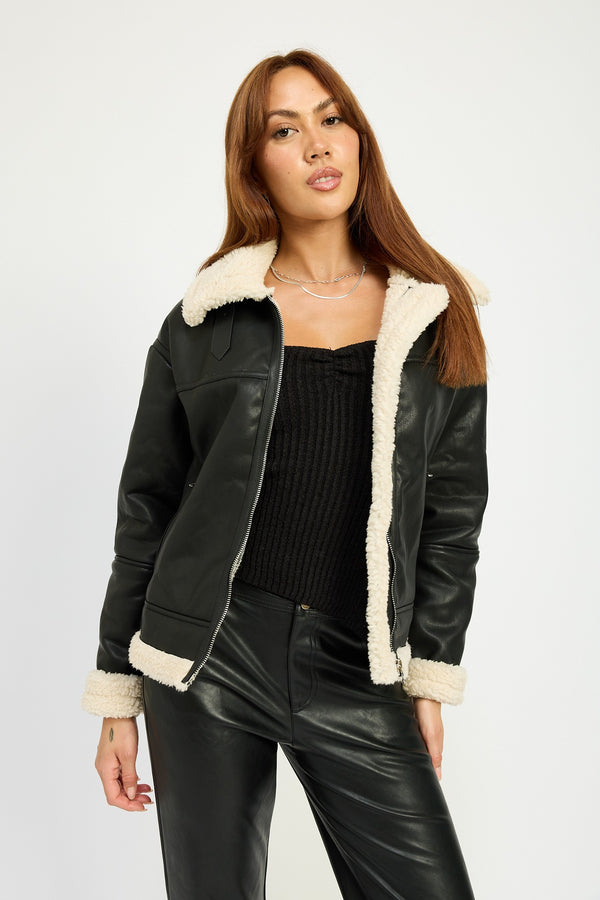 FAUX LEATHER SHEARLING MOTO JACKET - BLACK