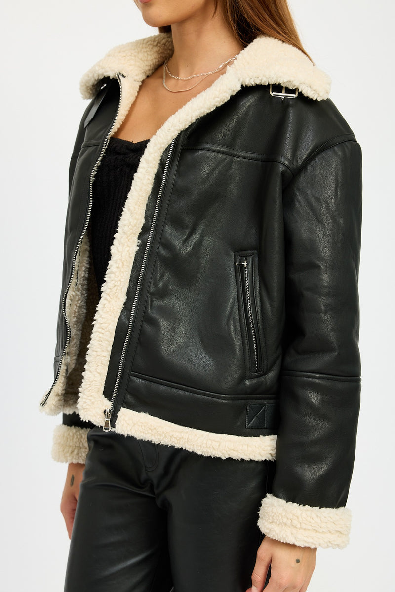 FAUX LEATHER SHEARLING MOTO JACKET - BLACK