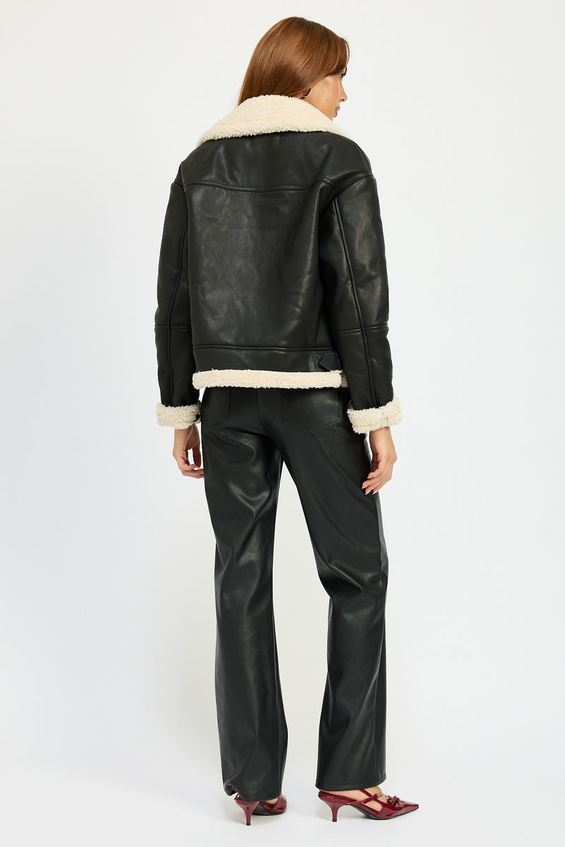 FAUX LEATHER SHEARLING MOTO JACKET - BLACK