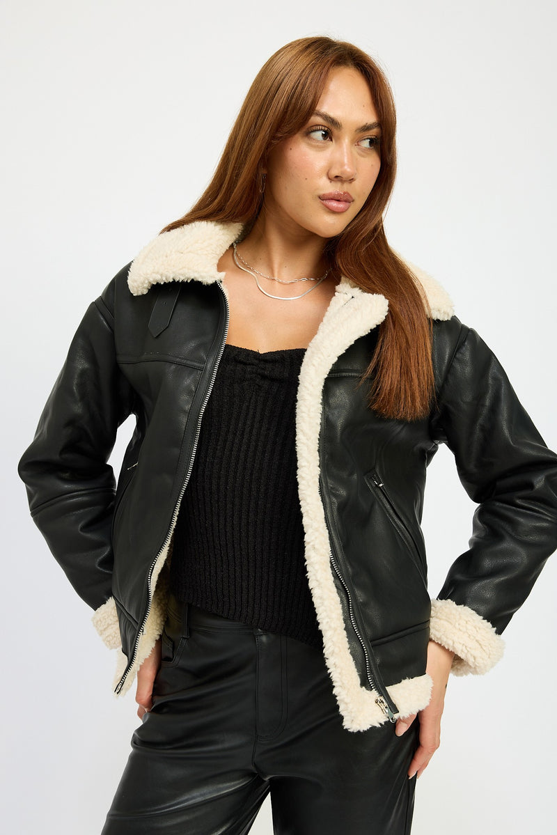FAUX LEATHER SHEARLING MOTO JACKET - BLACK